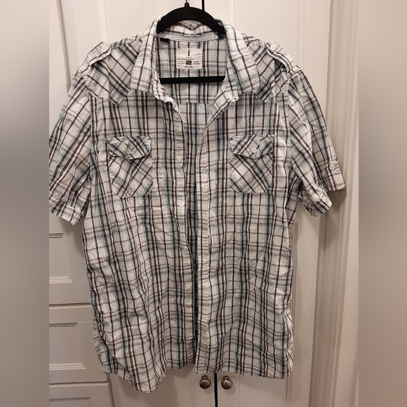 I Jeans by Buffalo men's casual button down shirt XXL white with brown and teal - Picture 1 of 5